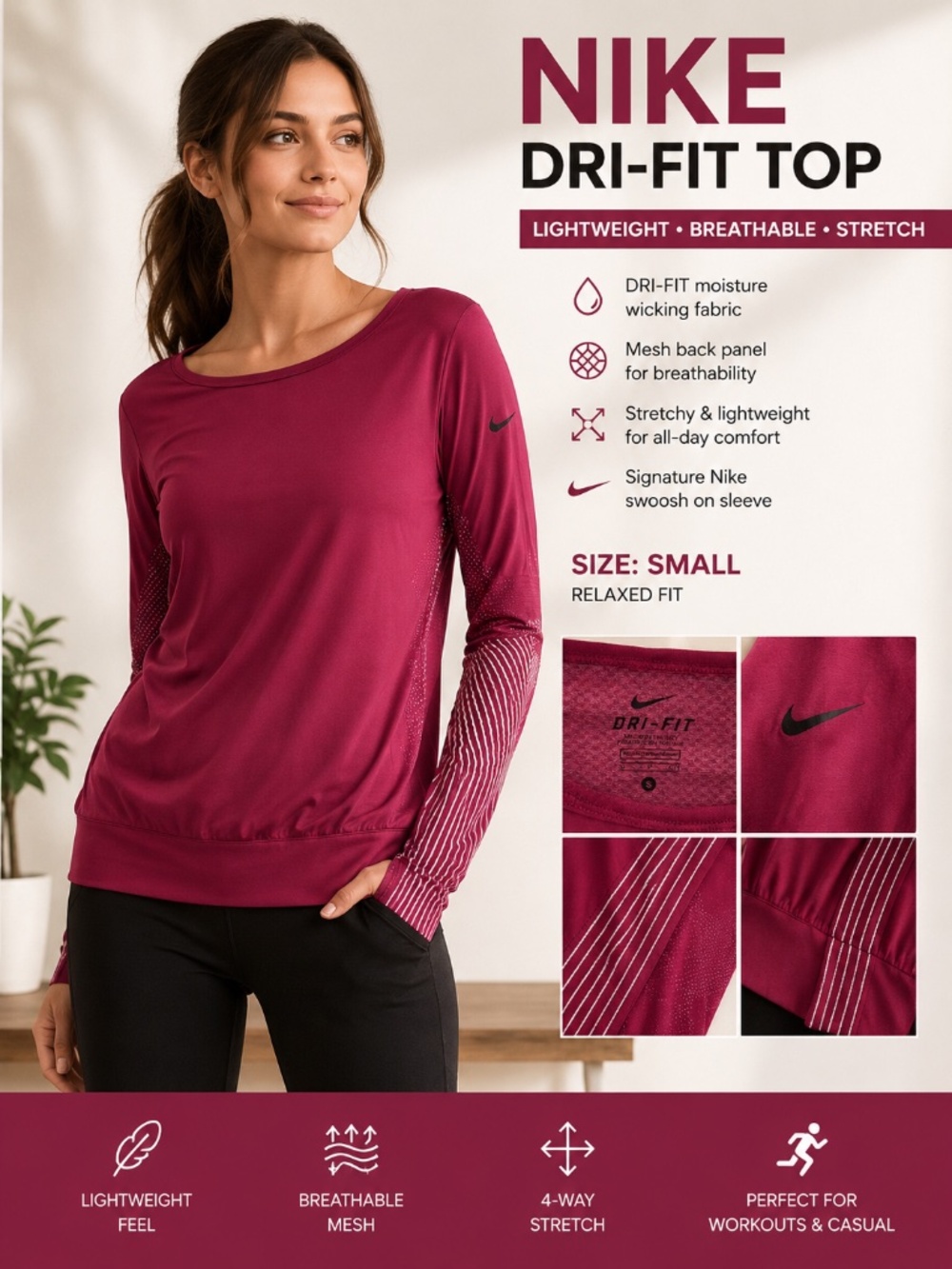 Nike Dri-FIT Magenta Long Sleeve Performance Top Size Small